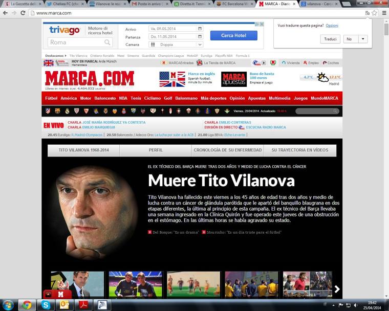La stampa spagnola e quella di tutto il mondo piangono Tito Vilanova. Apertura speciale per il sito di Marca, con titolo didascalico: 